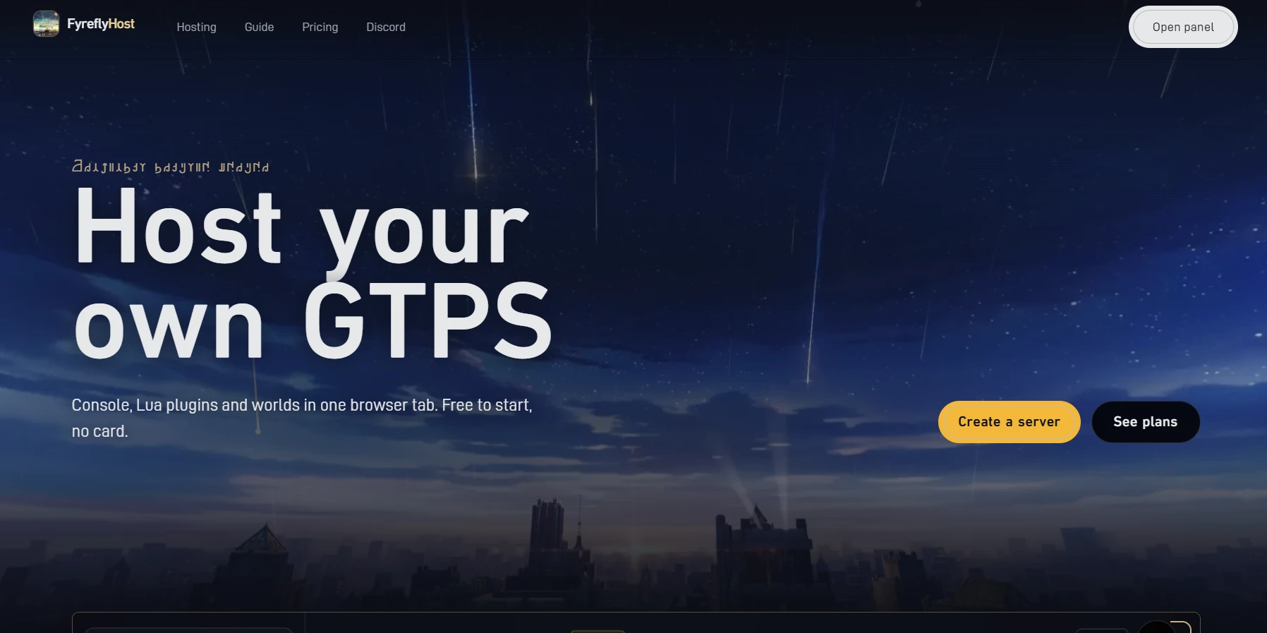 FyreflyHost home page: Host your own GTPS, over a night sky with falling stars