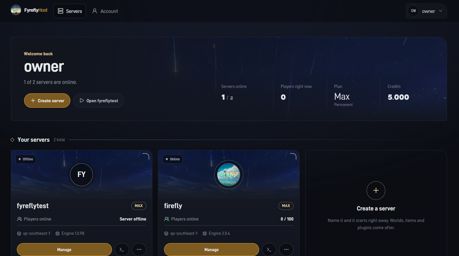 FyreflyHost servers screen with two servers, plan and credits